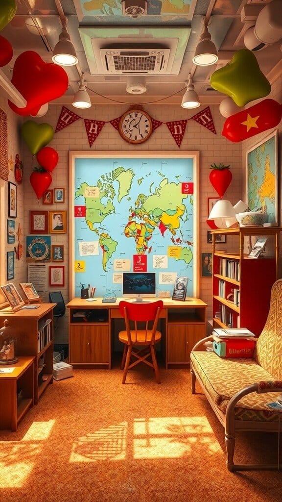 A colorful room with heart-shaped decorations, a world map, and a cozy reading area.