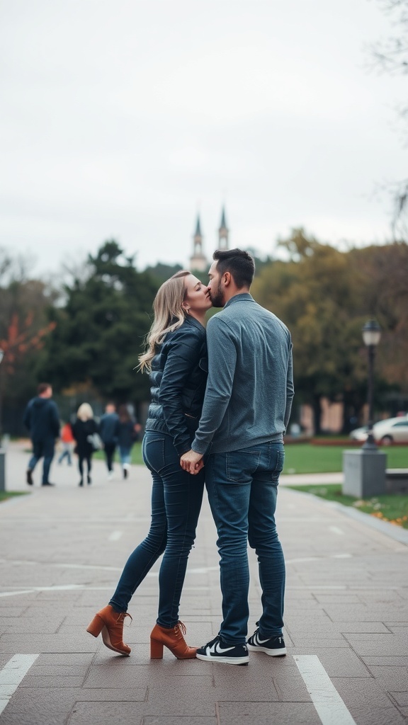A couple sharing a kiss while holding hands in a public park.