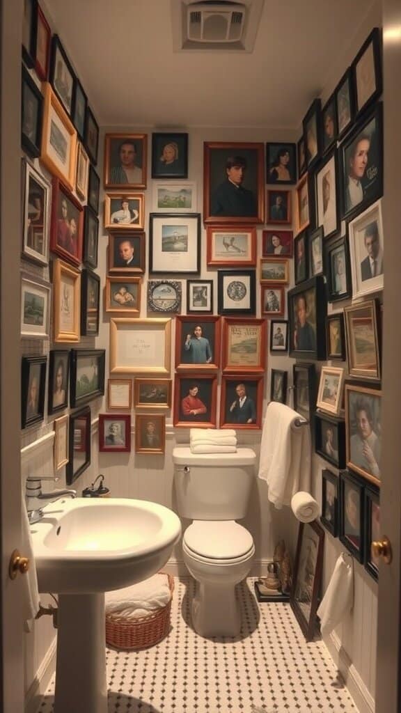 A bathroom with excessive wall art, featuring numerous framed pictures and paintings on all walls.