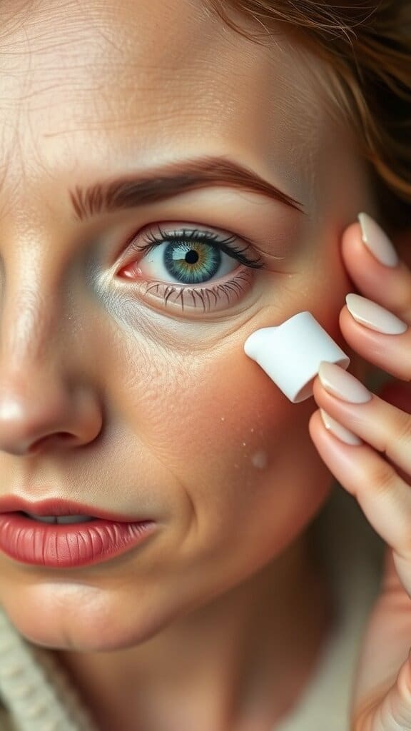 A woman applying eye cream to her face, focusing on the delicate skin around her eyes.