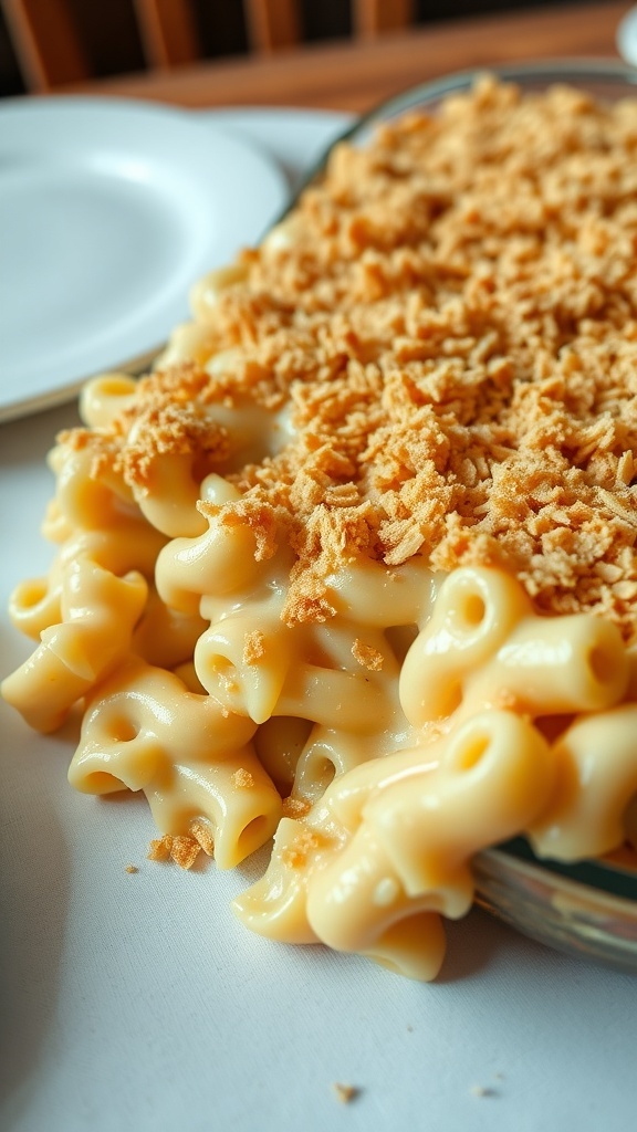 Baked macaroni and cheese with a crunchy breadcrumb topping in a glass dish.