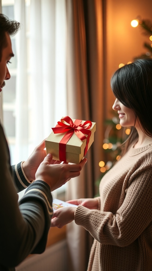 A man giving a gift to a woman in a cozy setting