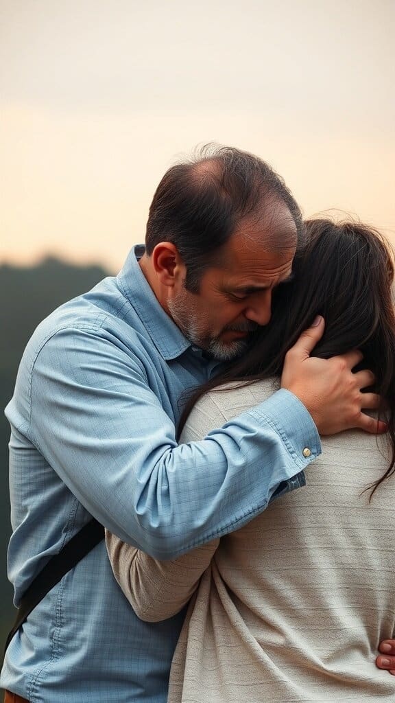 A man comforting a woman in a moment of emotional support.