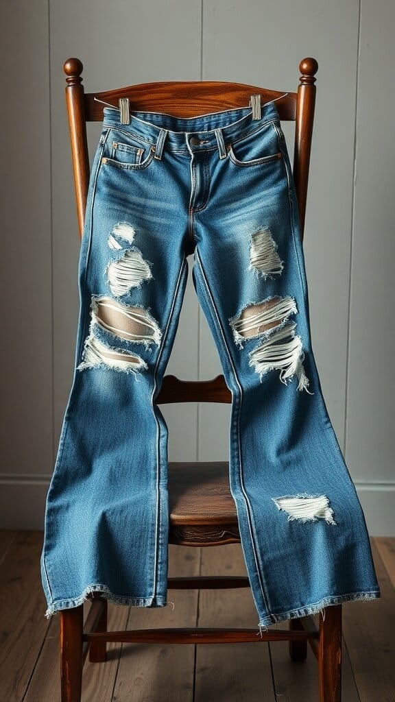 A pair of flared jeans with multiple large rips hanging on a wooden chair.