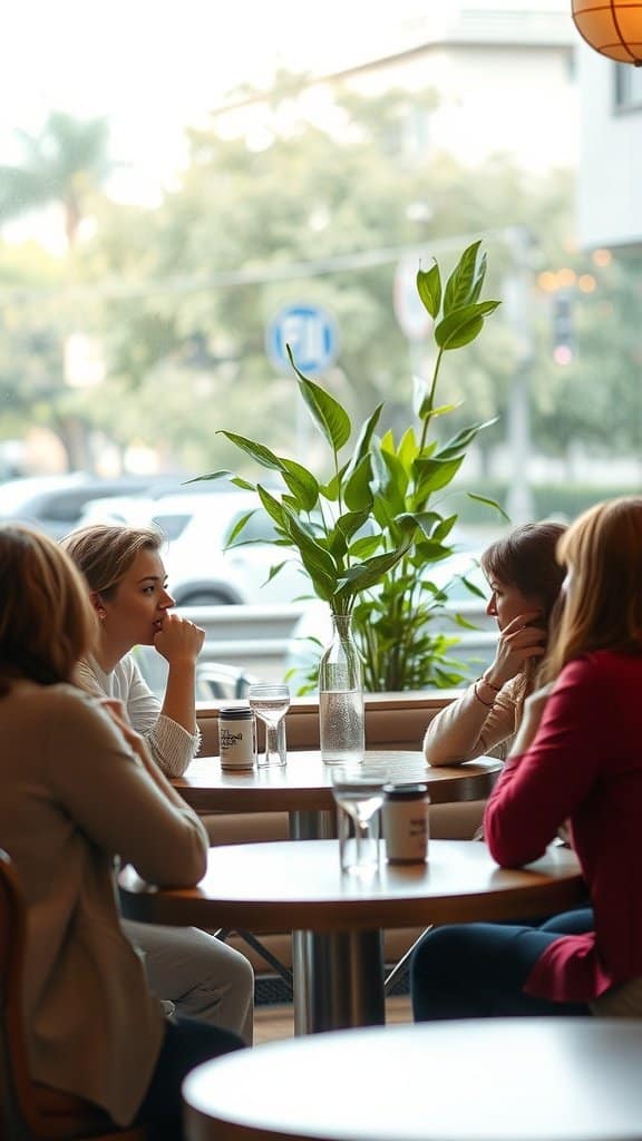 A group of women chatting at a café, showcasing authentic communication skills.