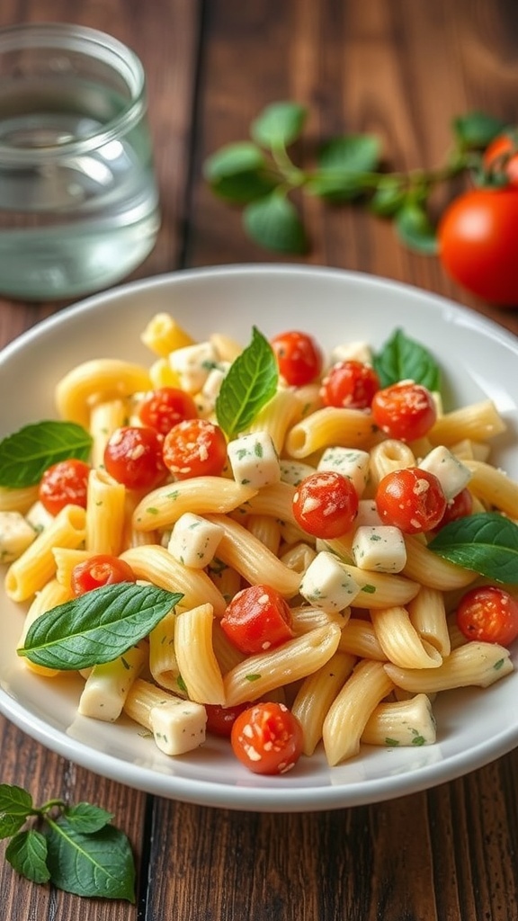 A bowl of pasta salad with fresh ingredients like cherry tomatoes, cucumbers, and olives.