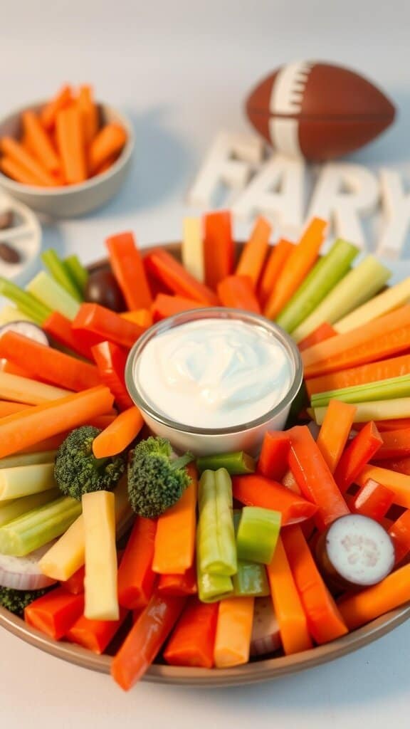 A colorful store-bought veggie platter with carrots, celery, broccoli, and a dip in the center, perfect for Super Bowl snacks.