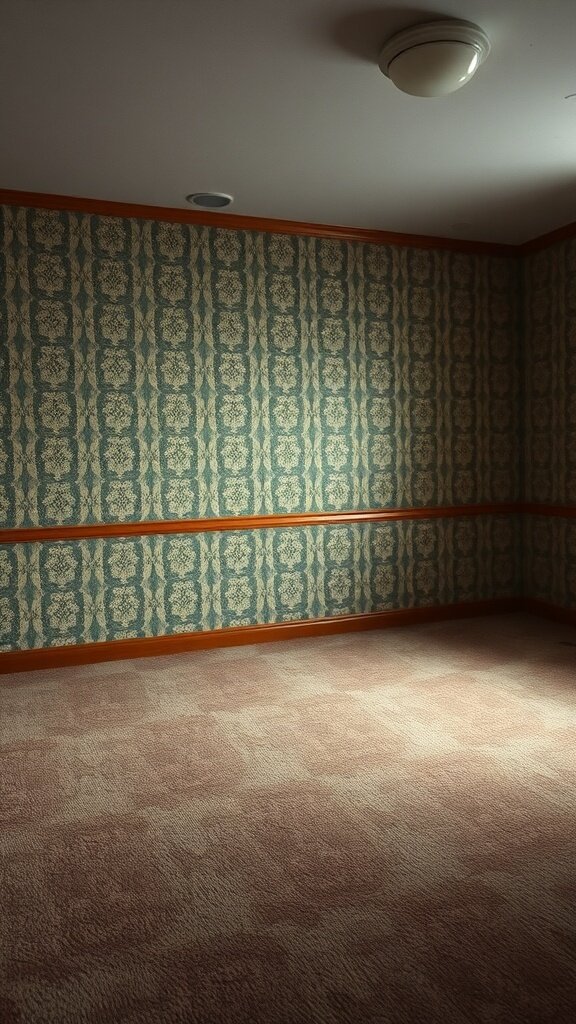 An empty room with outdated wall-to-wall carpeting and patterned wallpaper.