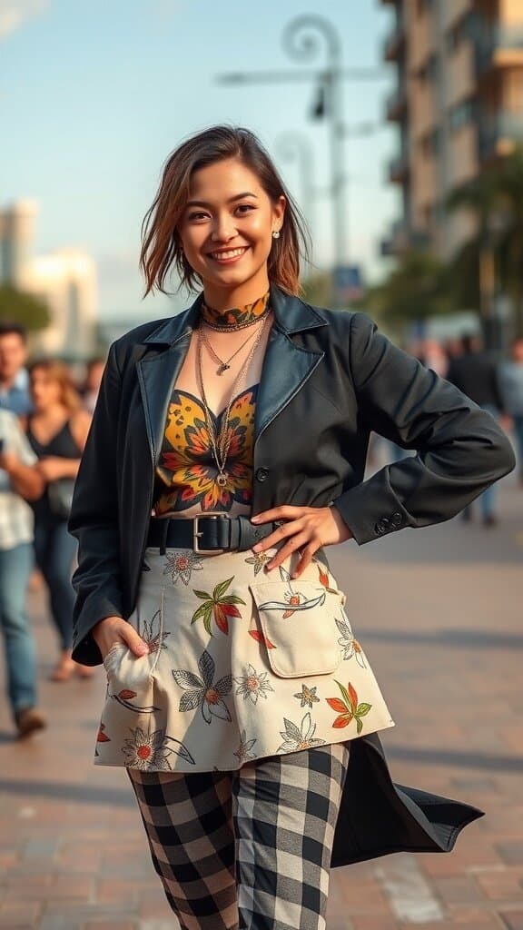 A confident woman in a stylish outfit with a floral top and patterned skirt, smiling in a lively urban setting.