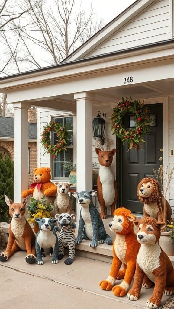 A front porch decorated with numerous faux animals, including a bear, deer, and various dogs, creating a cluttered appearance.