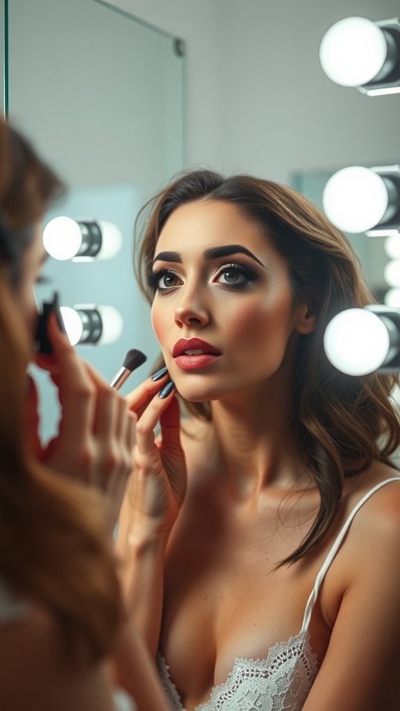 A woman applying makeup in front of a mirror, showcasing a heavy makeup look.