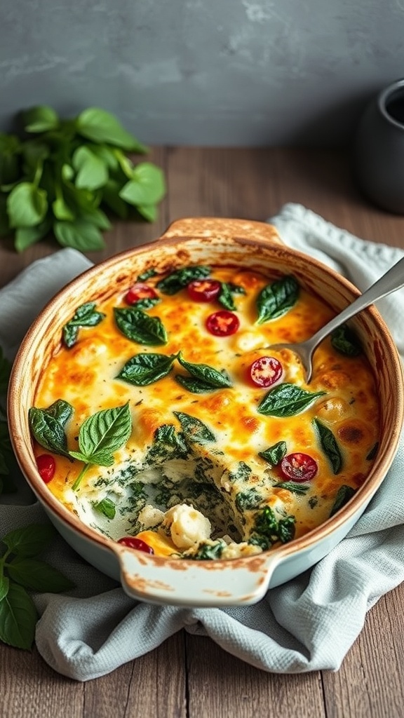 A spinach and ricotta casserole with melted cheese and cherry tomatoes on top, served in a baking dish.