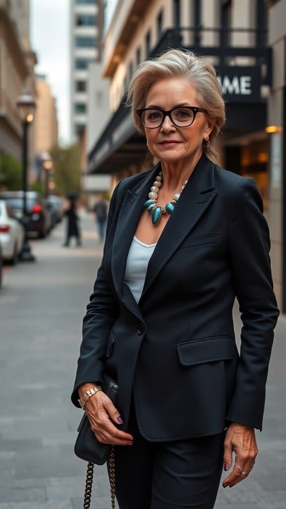 A stylish older woman wearing a tailored black blazer with a statement necklace, standing confidently in an urban setting.