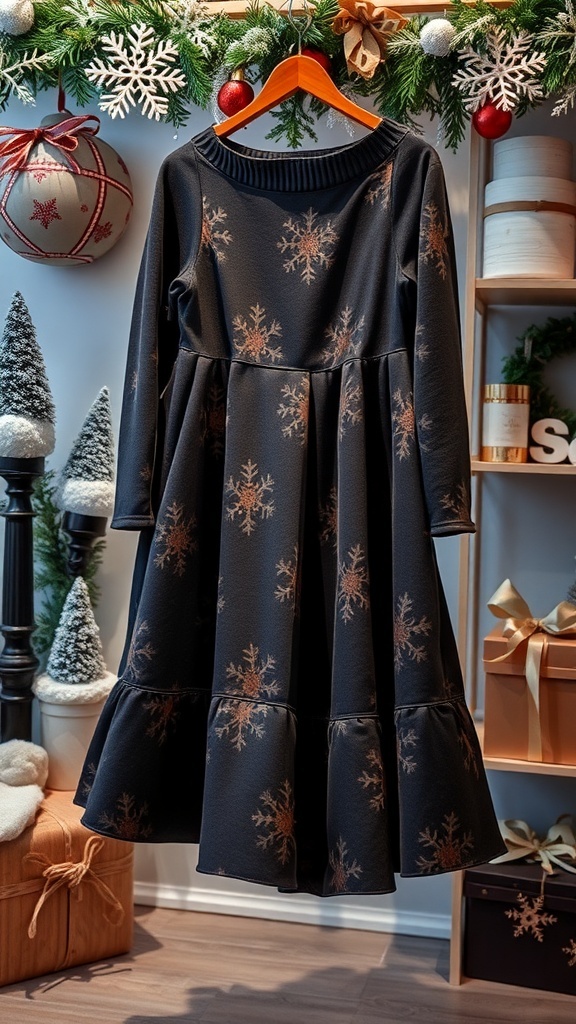 A black dress with snowflake patterns hanging on a rack, surrounded by festive decorations.