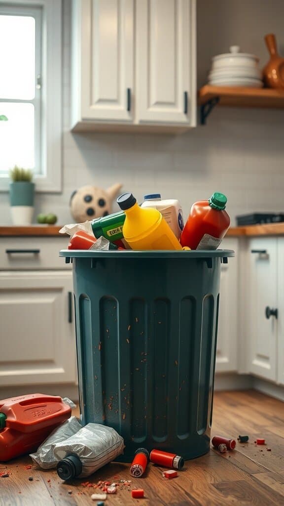 A full garbage can in a kitchen, overflowing with various bottles and containers, creating a potential source of bad smells.