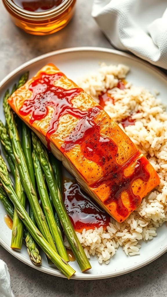 A plate of spicy honey glazed salmon served with rice and asparagus.
