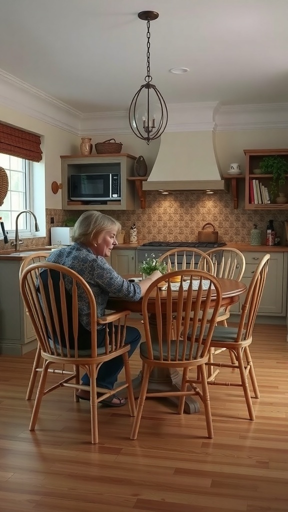 A man sitting alone at a round dining table in a simple kitchen setting.