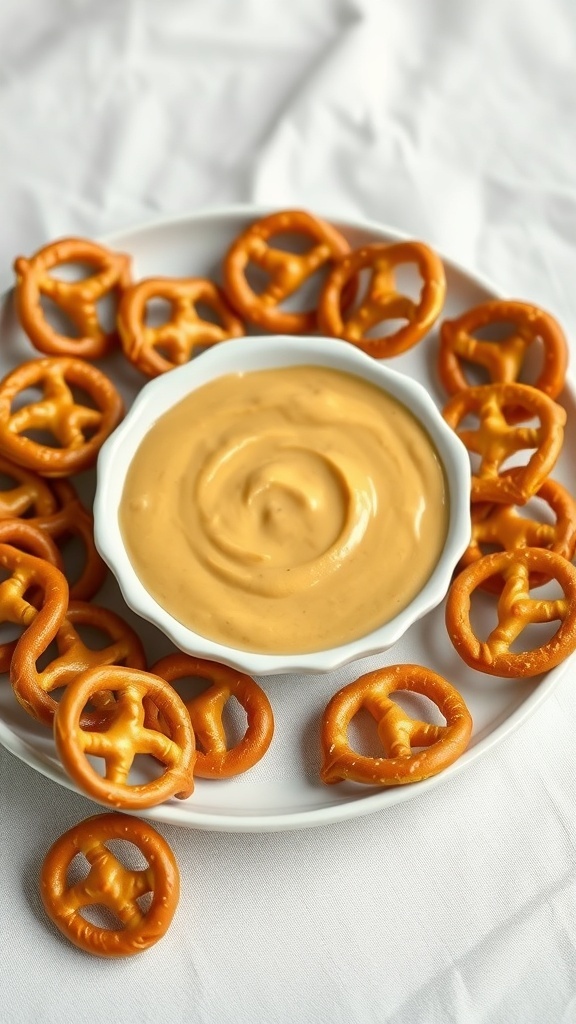 A bowl of mustard dip surrounded by pretzels on a white plate.