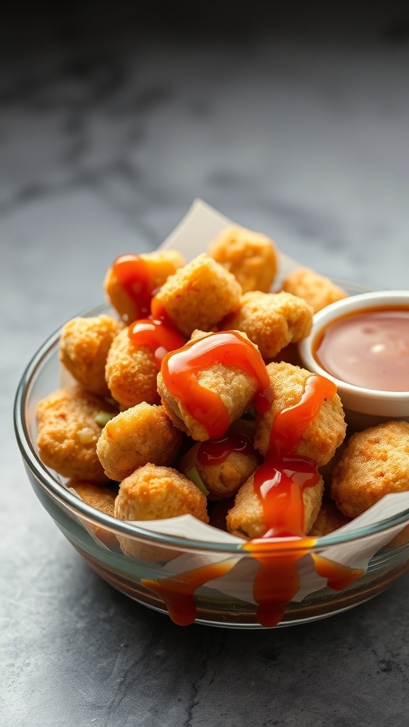 A bowl of crispy chicken nuggets drizzled with sweet and sour sauce.