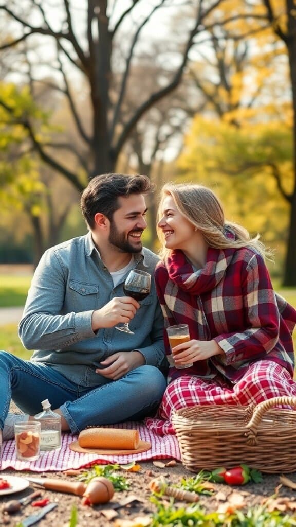 A couple enjoying a picnic in a park, smiling and sharing drinks.