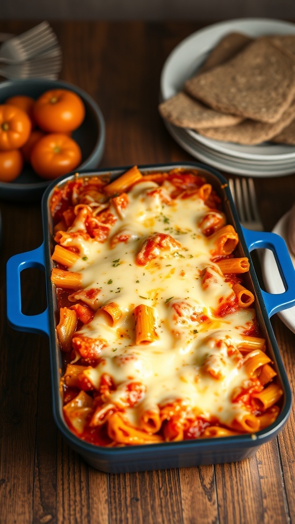 A delicious baked ziti casserole topped with melted cheese, served with oranges and whole grain bread on a wooden table.