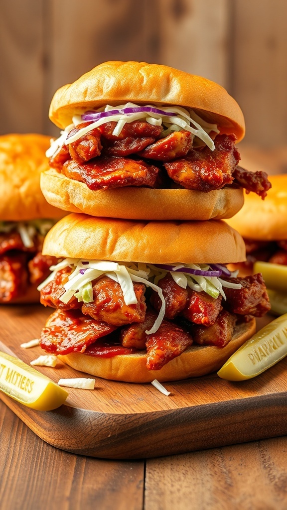 BBQ chicken sandwiches with coleslaw on a wooden board