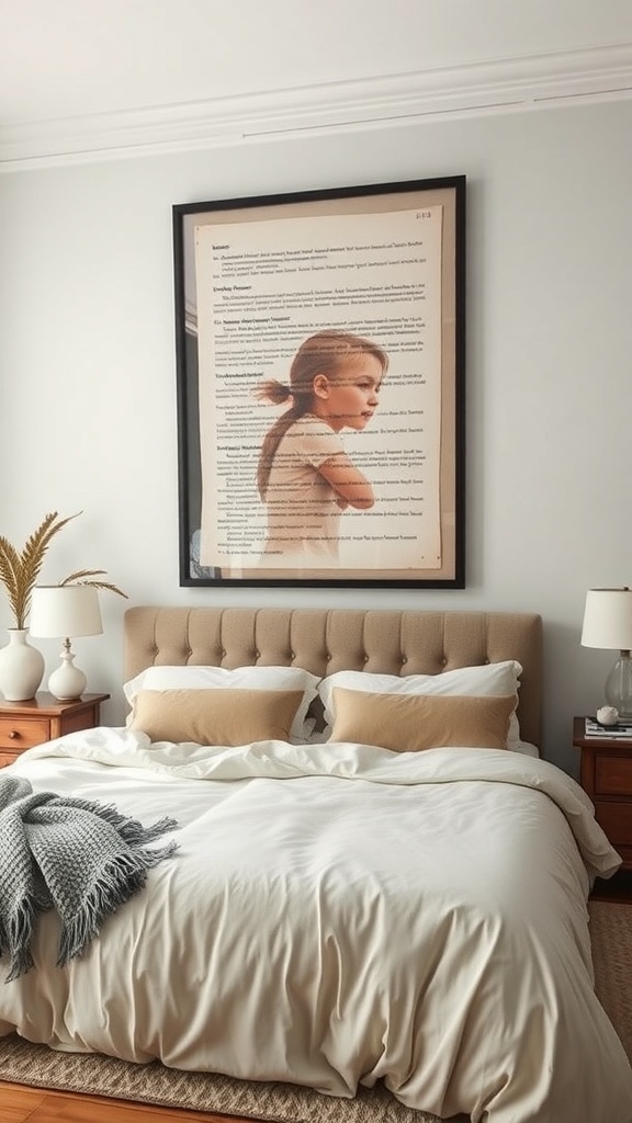 A cozy bedroom featuring a large framed artwork of a girl with text, a beige tufted headboard, and soft bedding.