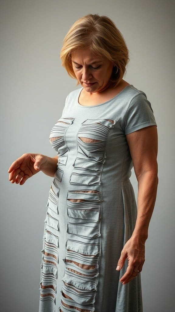A woman looking down at her dress with excessive rips and tears.