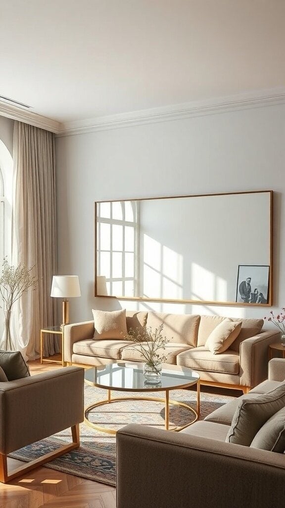 A cozy living room featuring a large mirror reflecting light, with neutral furniture and decor.