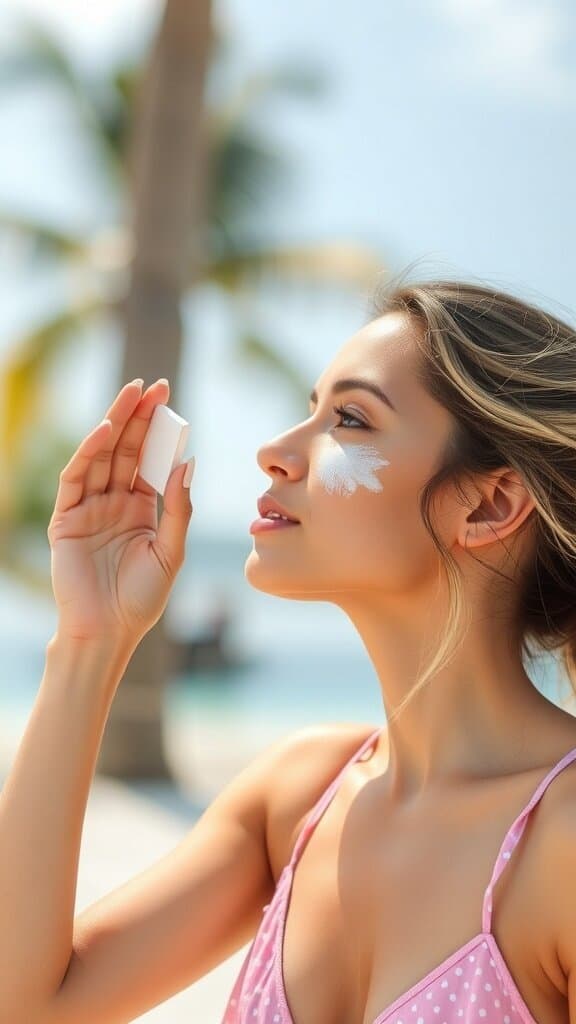 A woman applying skincare product to her face in the sunlight