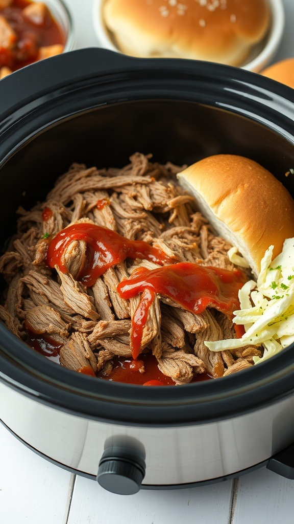 A bowl of pulled pork with BBQ sauce, served with a bun and coleslaw.