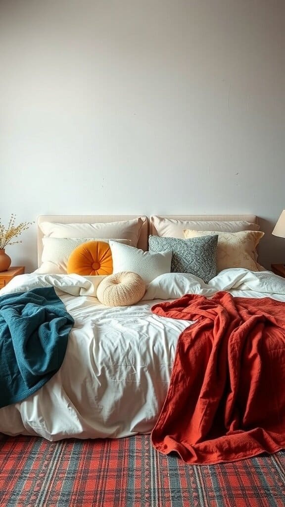 A cozy bedroom with a bed featuring colorful throws, soft pillows, and a warm rug.