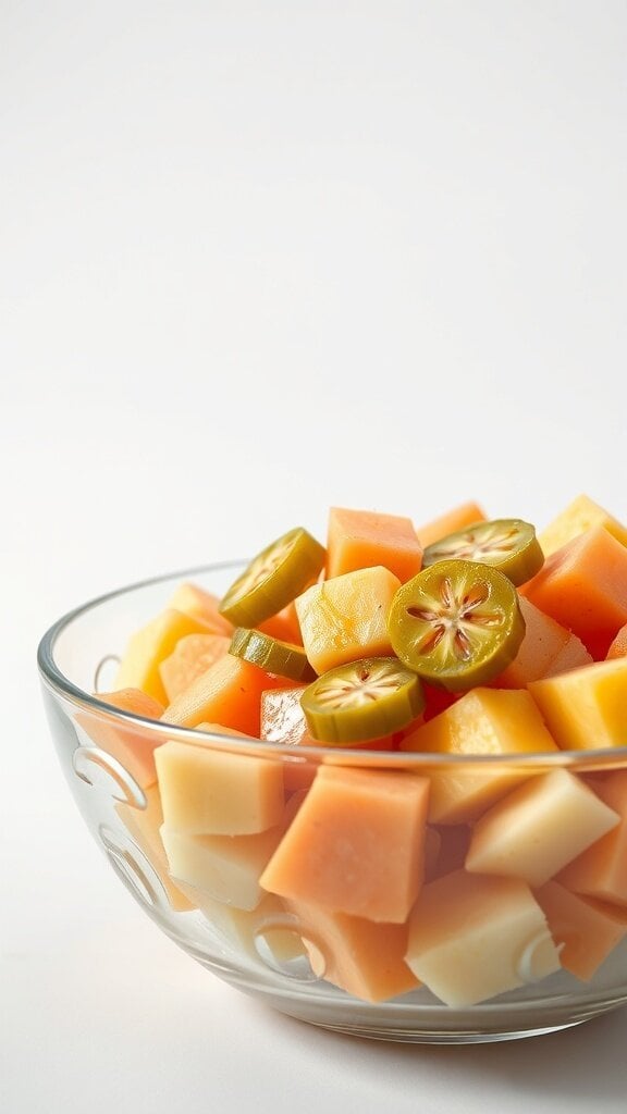 A bowl of fruit salad featuring cubes of melon, pineapple, cucumber, and slices of pickled jalapeños.