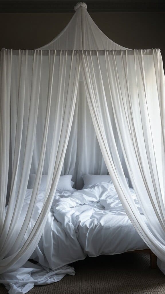 A cozy bed with a white canopy draped over it, creating a serene atmosphere.
