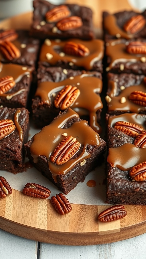 Delicious caramel pecan brownies topped with caramel sauce and pecans on a wooden platter.