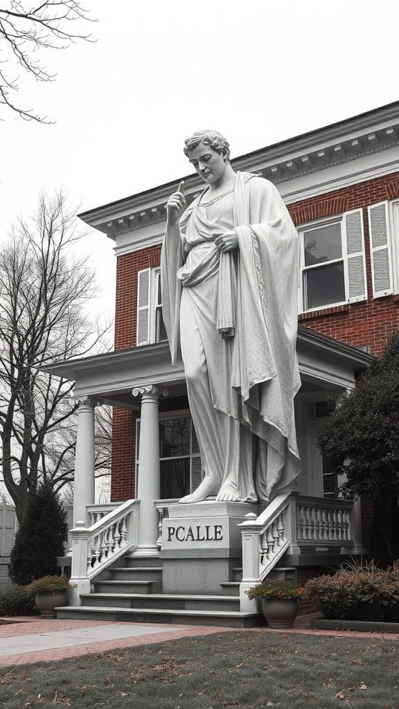 A large statue on a porch, creating an imposing presence.
