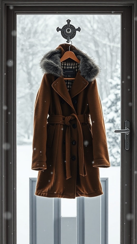 A stylish brown coat with a fur-lined hood hanging by a door, set against a snowy background.