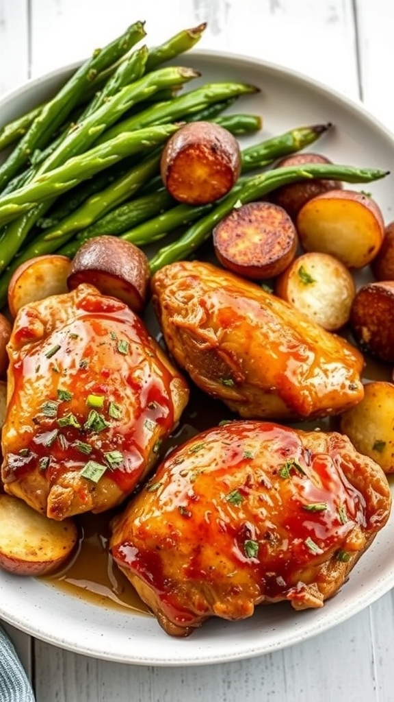 A plate of honey garlic chicken thighs with roasted potatoes and green beans.