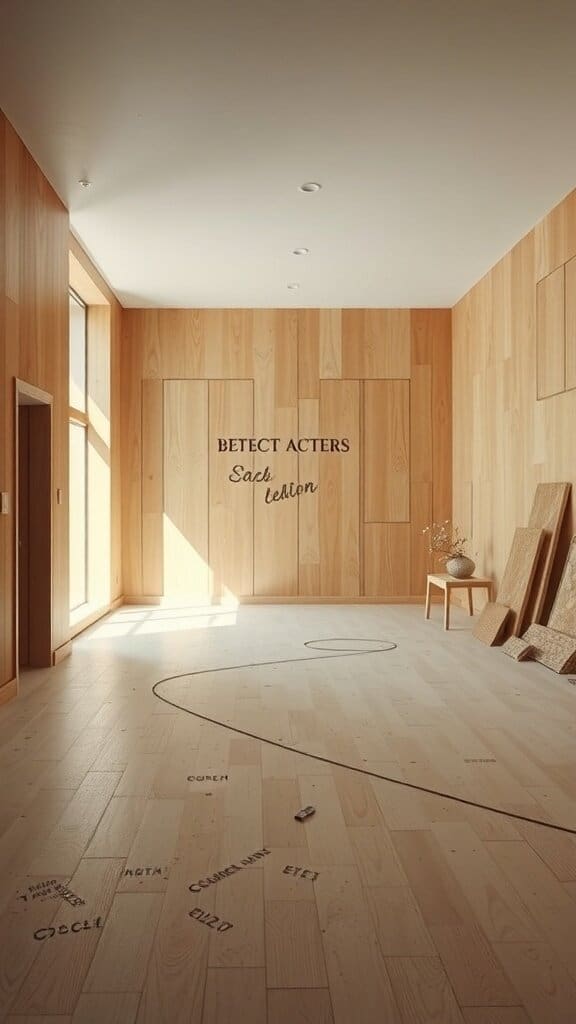 A minimalist room with wooden walls and floor, featuring a chair and a vase, lacking natural elements.
