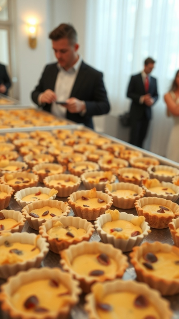 A tray filled with mini quiches, with a man in a suit in the background.