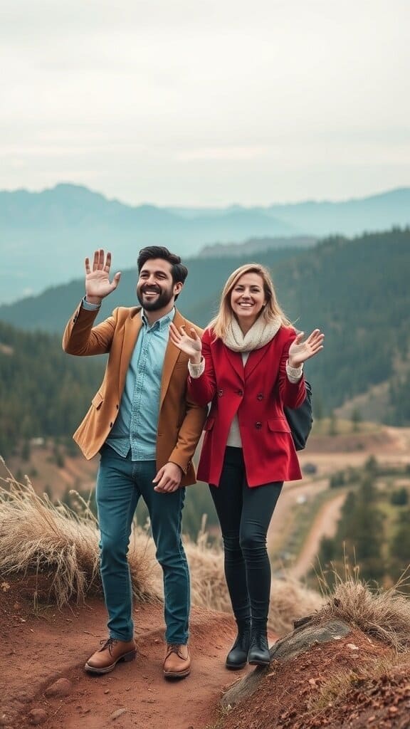 A couple outdoors, smiling and waving, representing mutual respect and independence.