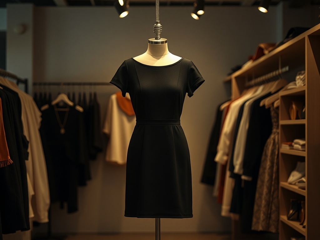 A simple black dress displayed on a mannequin in a clothing store, surrounded by various other garments.