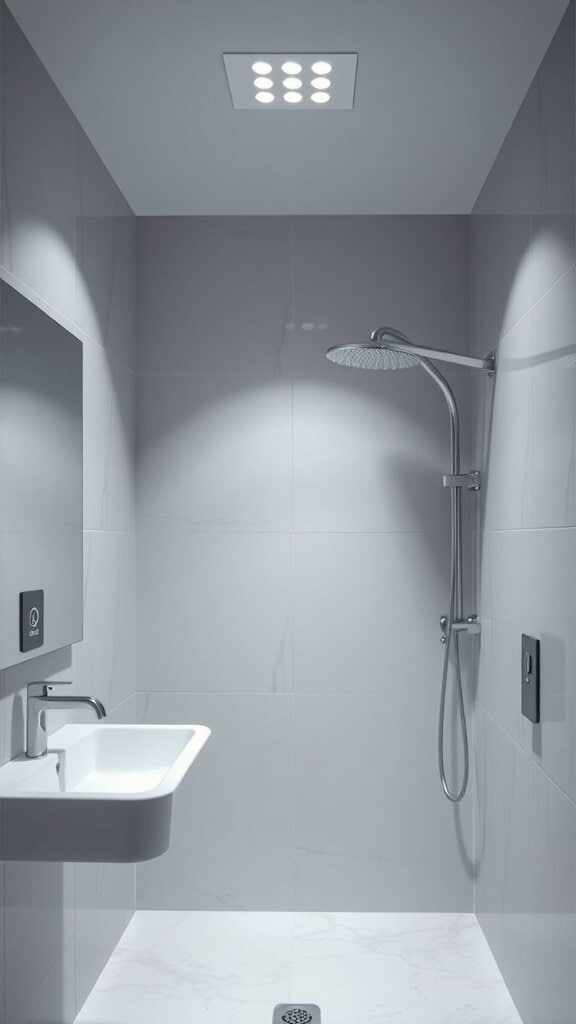 A modern bathroom shower area featuring sleek design and smart technology.