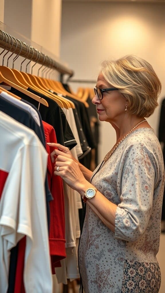 A woman with short hair and glasses looking at clothes on a rack in a store.