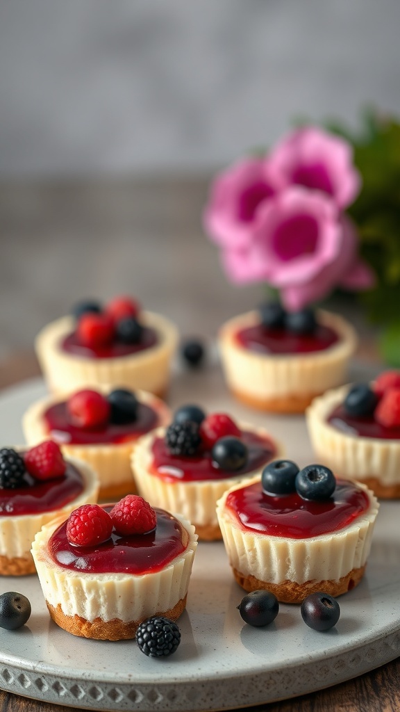Mini cheesecakes topped with berry compote and fresh berries