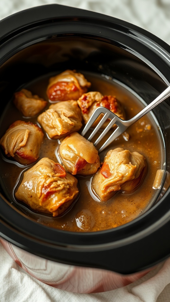A slow cooker filled with turkey pieces in gravy.
