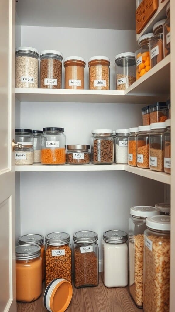 Organized pantry with labeled jars and clear containers