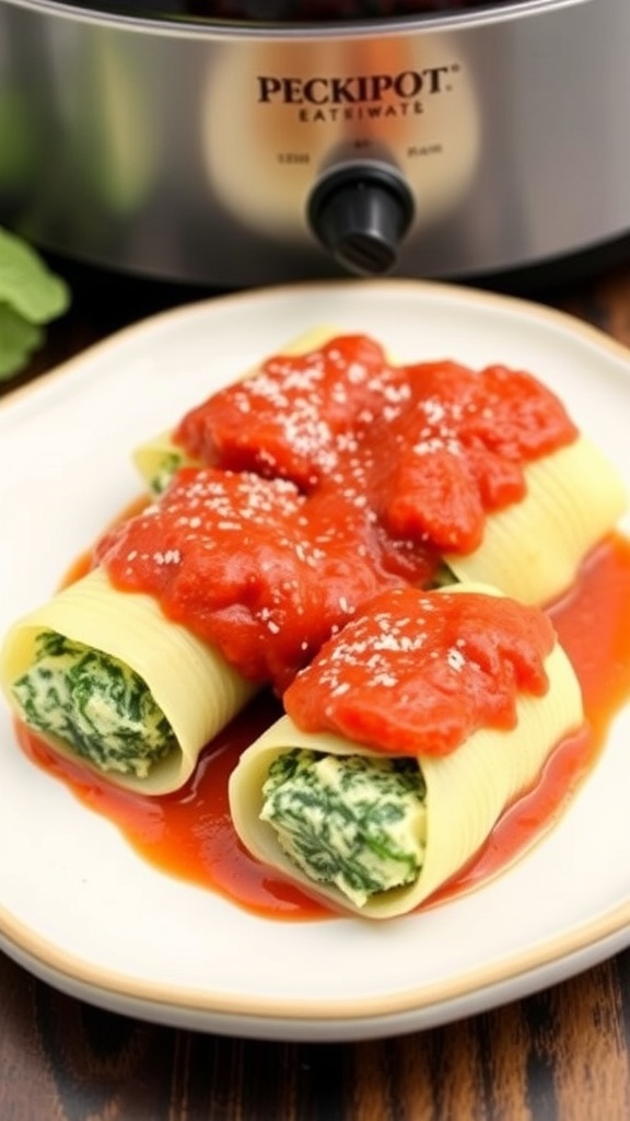 A plate of spinach and ricotta stuffed shells topped with marinara sauce, next to a crockpot.