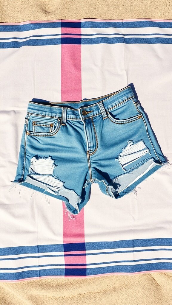 A pair of light blue cut-off denim shorts with frayed edges on a colorful blanket.
