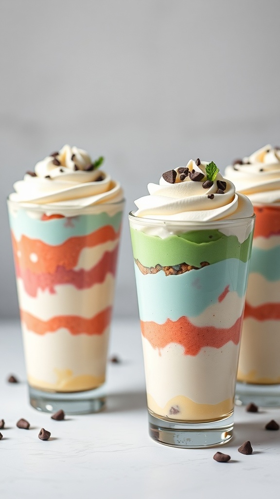 Colorful pudding parfaits in clear glasses with layers of different colored pudding and topped with whipped cream and chocolate chips.